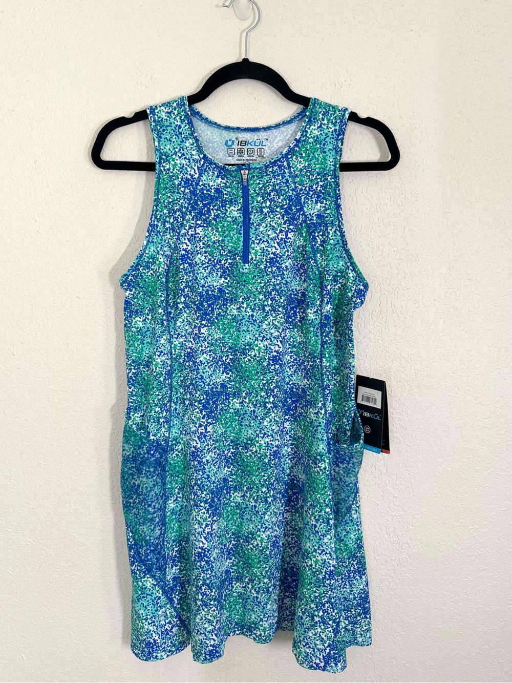 IBKUL Sleeveless Tennis Mini Dress in Spray Paint Blue Green Size Large NEW - Picture 3 of 8